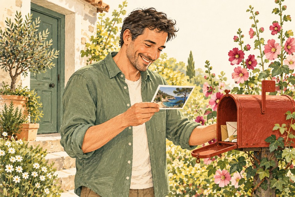 Un proche sourit en découvrant une carte dans son courrier.