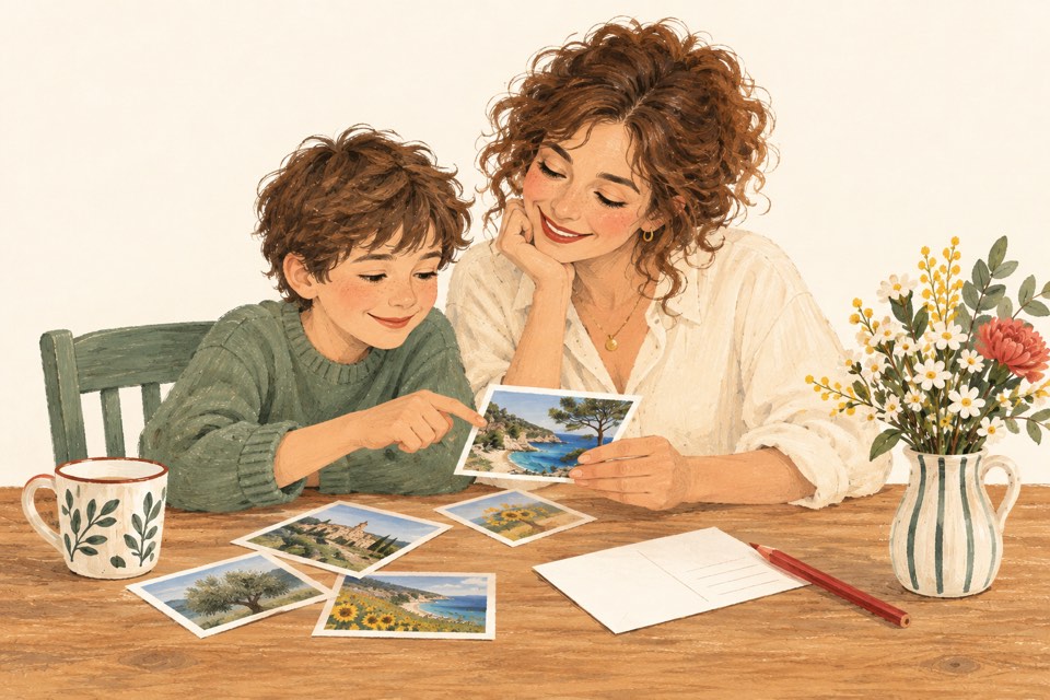 Une adulte et un enfant choisissent des photos pour une carte.