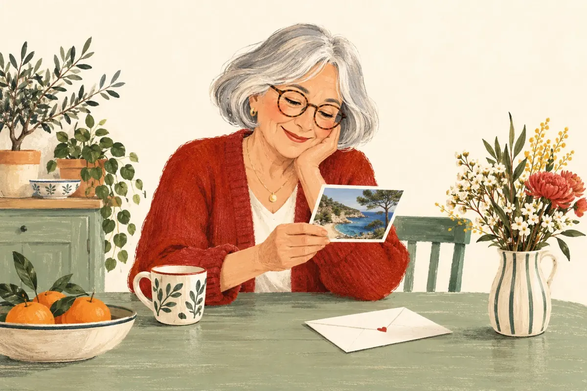Une mamie souriante découvre une carte postale à sa table.